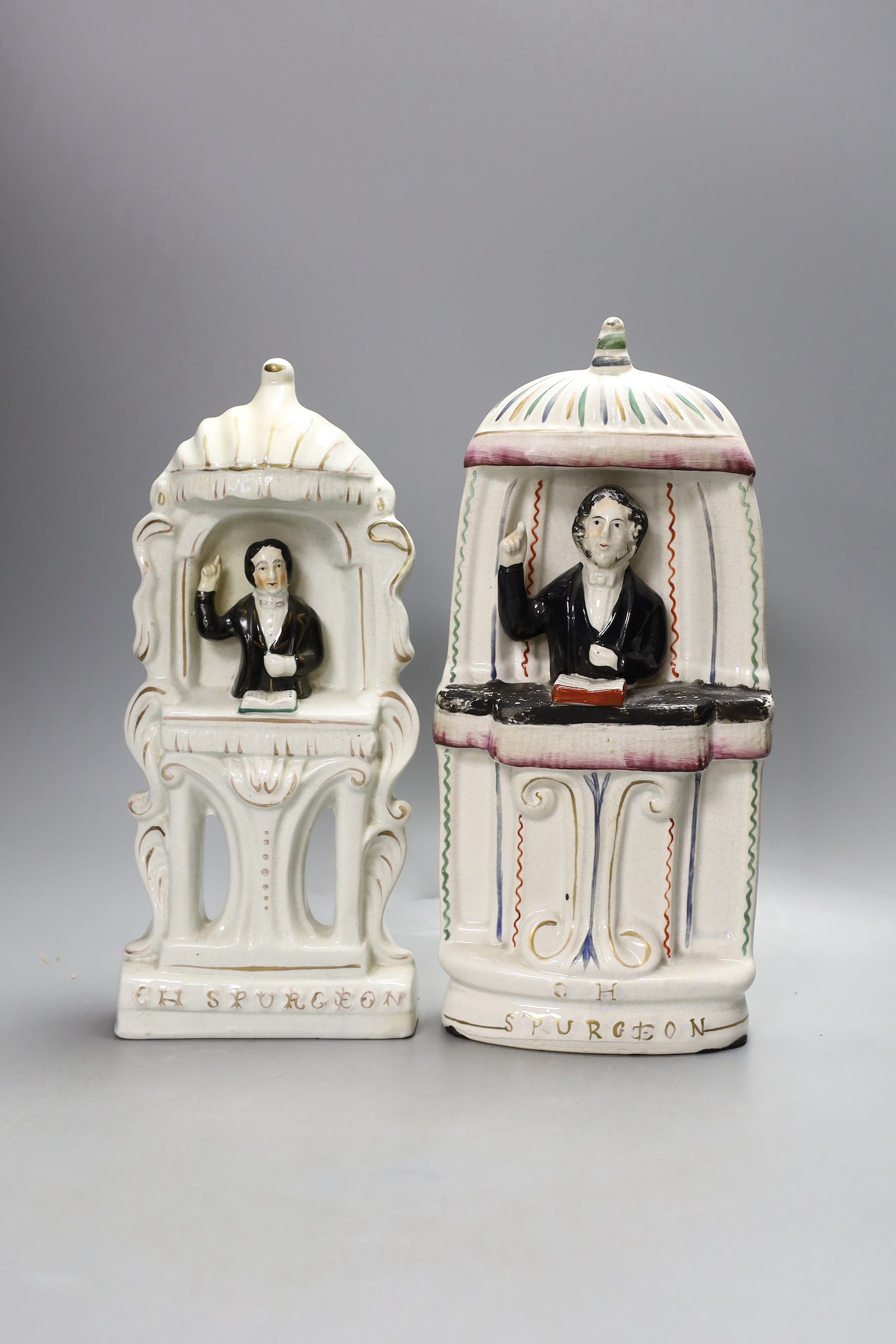 Two Victorian Staffordshire flatback C. Spurgeon pulpit figures, 31cm high.